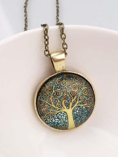 A tree pendant with blue and gold swirls.