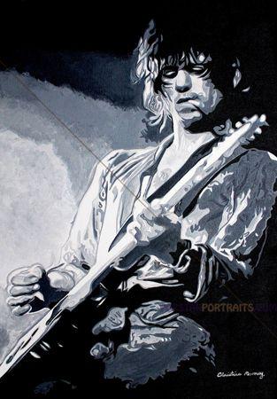 A painting of a man playing an electric guitar.