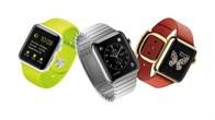 Three different colored watches with one being an apple.