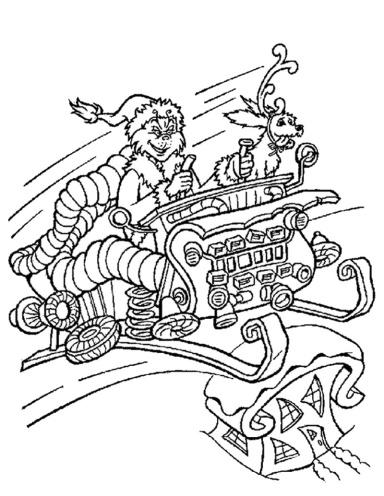 The grin's sleigh with his friends coloring page.