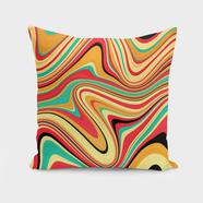 An abstract pillow decorated with colorful swirls.