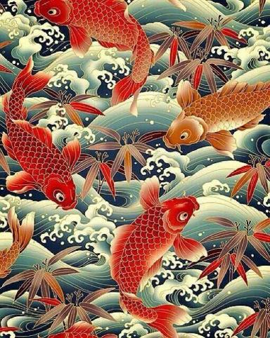 A pattern with goldfish swimming in the ocean.