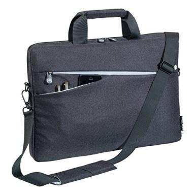 A laptop bag with a handle and strap.