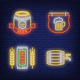 Beer and barrel neon signs set.