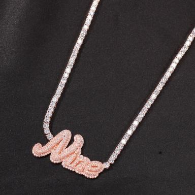 The person necklace with pink and white diamonds.