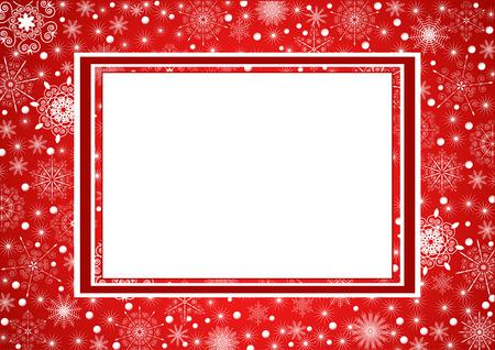 Red Christmas background with snowflakes and white frame.
