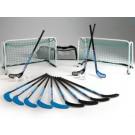 Hockey equipment including sticks, nets, balls and a goal.