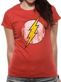 The flash logo on a women's red shirt.