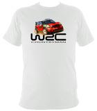 The t - shirt is white with an image of a red car.